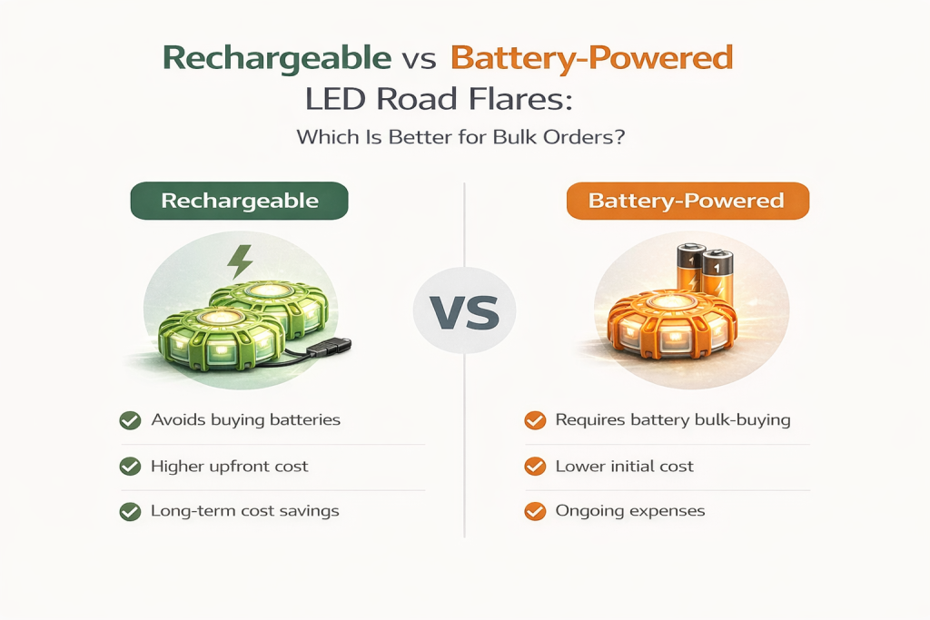 comparison of rechargeable vs battery powered LED road flares for bulk orders including cost maintenance and long term value