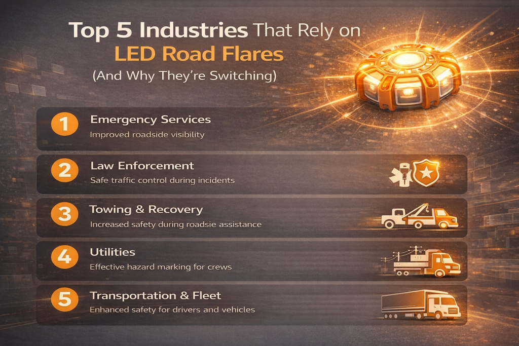 top industries using LED road flares including emergency services law enforcement towing utilities and fleet safety applications