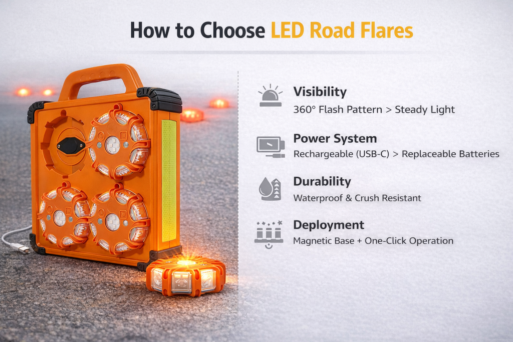 rechargeable LED road flares kit for roadside safety, emergency warning lights for vehicles and fleet use